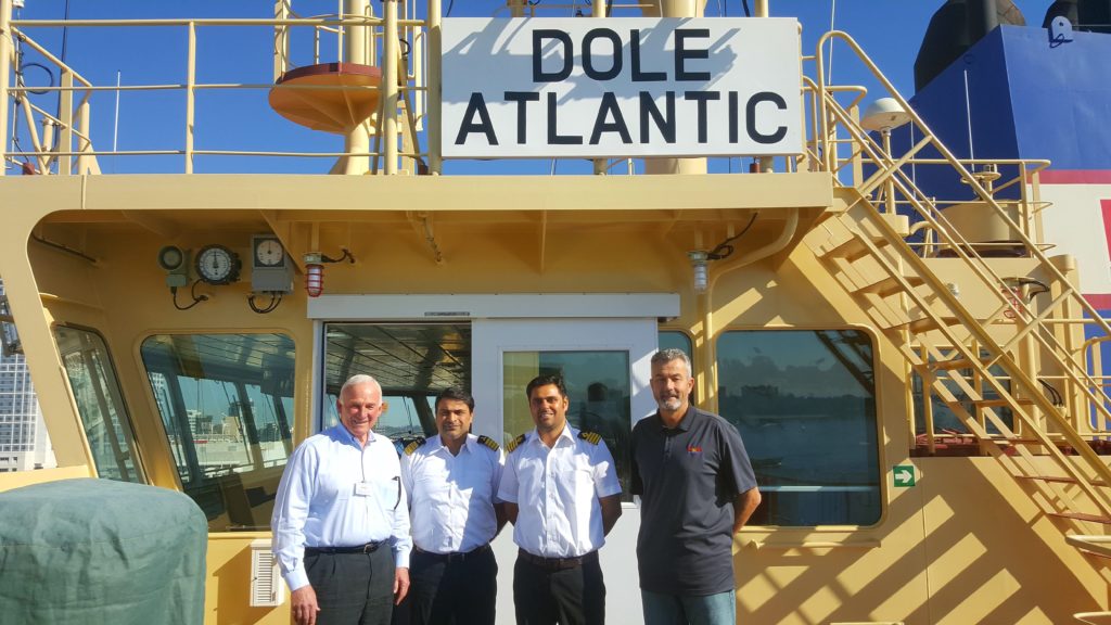 On the Dole Atlantic with Chief Engineer Captain Nijjar and Vice President Barry Jung of the Dole Fresh Fruit Company