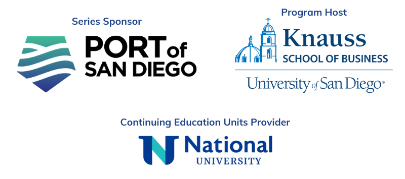 University of San Diego Knauss School of Business (Logo), and Port of San Diego (logo), and National University (logo)